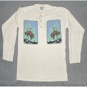 Vintage 90s West Of The Pecos Cowboy Rodeo Shirt Men Small Beige Long Sleeve USA